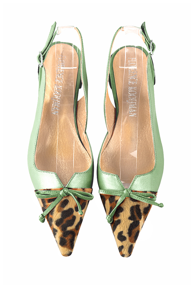 Safari black and mint green women's open back shoes, with a knot. Pointed toe. Flat flare heels. Top view - Florence KOOIJMAN